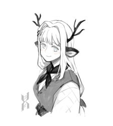 Rule 34 | 1girl, alina (arknights), animal ears, antlers, arknights, deer antlers, deer ears, deer girl, dress, greyscale, highres, horns, long hair, long sleeves, looking at viewer, monochrome, neckerchief, pinafore dress, reunion logo (arknights), sidelocks, silverxp, sleeveless, sleeveless dress, smile, solo, upper body