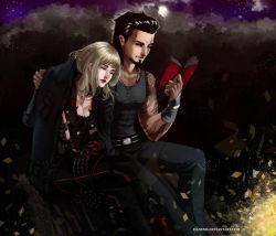 Rule 34 | 1boy, 1girl, aranea highwind, book, borrowed clothes, final fantasy, final fantasy xv, gladiolus amicitia, head on another&#039;s shoulder, jewelry, crossed legs, necklace, open book, reading, scar, sleeping, tattoo