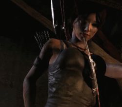 Rule 34 | 1girl, 20s, 3d, 60fps, animated, animated gif, arrow (projectile), bandaged arm, bandaged hand, bandages, bent over, black hair, bouncing, bouncing breasts, bow (weapon), breasts, brown eyes, brown hair, crystal dynamics, dainapp, dirty, dirty clothes, dirty face, english text, female focus, from below, game, glitch, grey tank top, interior, interpolated, jewelry, lara croft, large breasts, long hair, matching hair/eyes, necklace, ponytail, quiver, reaching, solo, speech bubble, standing, subtitled, tank top, tomb raider, tomb raider (reboot), treasure chest, weapon