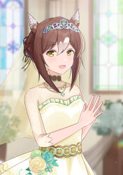 Rule 34 | 1girl, :d, absurdres, animal ears, brown hair, dress, fine motion (titania) (umamusume), fine motion (umamusume), green eyes, hair between eyes, hair bun, hair ribbon, highres, horse ears, horse girl, jewelry, looking at viewer, multicolored hair, necklace, official alternate costume, open mouth, ribbon, single hair bun, smile, solo, the promised time: silks &amp; three riddles (umamusume), tiara, two-tone hair, umamusume, upper body, wasi, wedding dress, white hair