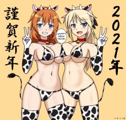 Rule 34 | 2021, 2girls, animal ears, animal print, bell, bikini, blonde hair, blue eyes, blush, breasts, brown hair, charlotte e. yeager, chinese zodiac, collar, cow ears, cow horns, cow print, cow print bikini, cow tail, elbow gloves, english text, fake animal ears, fake horns, fang, gloves, grin, hachimitsu-b, happy new year, horns, katharine ohare, large breasts, looking at viewer, multiple girls, navel, neck bell, new year, open mouth, print bikini, simple background, smile, strike witches, swimsuit, tail, thighhighs, v, white bikini, world witches series, year of the ox, yellow background
