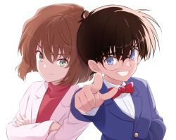 Rule 34 | 1boy, 1girl, blue eyes, blue jacket, bob cut, bow, bowtie, brown hair, buttons, closed mouth, coat, collared shirt, commentary request, crossed arms, edogawa conan, glasses, green eyes, grin, haibara ai, hair between eyes, hand in pocket, hand up, jacket, lab coat, long sleeves, meitantei conan, pointing, pointing at viewer, red bow, red bowtie, red sweater, shirt, short hair, simple background, smile, sweater, teeth, tohoho (hoshinoyami), upper body, white background, white coat, white shirt