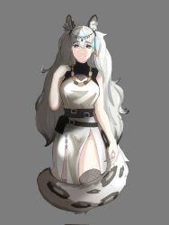 Rule 34 | 1girl, animal ears, arknights, cat ears, cat tail, leopard ears, leopard tail, pelvic curtain, pramanix (arknights), tail, thighs, timtampicklewit, white hair