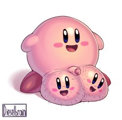 Rule 34 | 1boy, artist name, blue eyes, blush, blush stickers, dieselbrain, extra faces, flaccid, full body, gigantic testicles, happy, highres, kirby, kirby (series), male focus, male pubic hair, nintendo, open mouth, penis, pubic hair, shiny skin, signature, simple background, small penis, smile, solo, standing, testicles, uncensored, what, white background