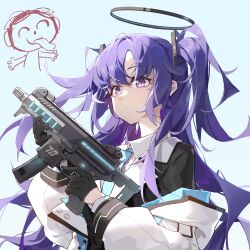 Rule 34 | 1girl, black gloves, black vest, blue archive, blue background, blue hair, blue necktie, closed mouth, collared shirt, commentary, doodle inset, doodle sensei (blue archive), gloves, gun, half gloves, halo, highres, holding, holding gun, holding weapon, jacket, ling yu (15974115107), long hair, long sleeves, looking afar, mechanical halo, necktie, off shoulder, purple eyes, sensei (blue archive), shirt, simple background, solo, submachine gun, symbol-only commentary, two side up, upper body, vest, weapon, white jacket, white shirt, yuuka (blue archive)