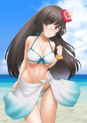 Rule 34 | 1girl, bikini, black hair, blue sky, breasts, choukai (kancolle), cleavage, cloud, collarbone, commentary request, cowboy shot, day, flower, glasses, hair flower, hair ornament, halterneck, hibiscus, highres, horizon, kantai collection, leaning forward, long hair, looking at viewer, medium breasts, ocean, outdoors, red eyes, rimless eyewear, sarong, scrunchie, sky, smile, solo, standing, string bikini, swimsuit, t2r, white bikini, white sarong, wrist scrunchie