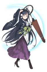 Rule 34 | 1girl, black gloves, blue eyes, bonnet, boots, crescent moon symbol, cross-laced footwear, floral print, full body, gloves, hair ornament, high heel boots, high heels, highres, japanese clothes, lace-up boots, lolita fashion, long hair, looking at viewer, oboro (princess principal), official art, parasol, princess principal, princess principal game of mission, purple skirt, simple background, skirt, solo, standing, sword, transparent background, umbrella, wa lolita, weapon