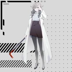 Rule 34 | 1girl, absurdres, alternate costume, alternate hair color, black pantyhose, black skirt, cevio, closed mouth, coat, commentary request, crowbar, dress shirt, full body, green eyes, grey background, grey hair, hair flaps, hair over shoulder, hanakuma chifuyu, hand up, high heels, highres, holding, holding crowbar, lab coat, long hair, long sleeves, looking at viewer, ok sign, ok sign over eye, open clothes, open coat, pantyhose, pencil skirt, popped collar, shirt, shirt tucked in, skirt, solo, synthesizer v, toudou charo, wavy hair, white shirt