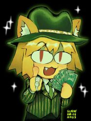 Rule 34 | 1girl, animal ear fluff, animal ears, artist name, banknote, blonde hair, boa noite caralho, cat ears, dated, ears through headwear, fang, fedora, formal, gangster spongebob (meme), hat, highres, holding, holding money, jacket, jewelry, looking at viewer, meme, money, necktie, neco-arc, open mouth, red eyes, ring, short hair, solo, suit, suit jacket, sunny waifu, thumbs up, tsukihime