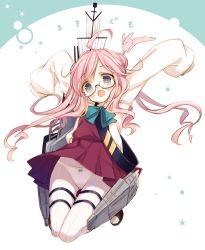 Rule 34 | 10s, 1girl, ahoge, character name, glasses, kantai collection, long hair, long sleeves, makigumo (kancolle), open mouth, panties, pantyhose, pantyshot, personification, pink hair, pleated skirt, skirt, sleeves past wrists, solo, underwear, upskirt, yamucha, yellow eyes