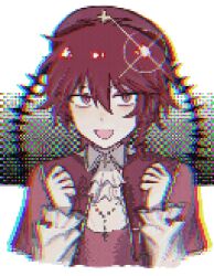Rule 34 | 1boy, ascot, beret, capelet, glitch, grey background, hat, highres, long sleeves, looking at viewer, maeno aki, male focus, mayoyyds, open mouth, pixel art, red capelet, red eyes, red hair, red hat, red vest, shirt, smile, solo, vest, white ascot, white shirt, zeno (game)