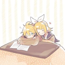 Rule 34 | 1boy, 1girl, black collar, blonde hair, bow, brown sweater, closed eyes, collar, forehead-to-forehead, grey collar, hair bow, hair ornament, hairclip, head rest, headphones, heads together, heart, kagamine len, kagamine rin, kotatsu, one eye closed, open mouth, sailor collar, sheet music, short hair, short ponytail, sitting, smile, spiked hair, suzumi (fallxalice), sweater, swept bangs, table, under kotatsu, under table, vocaloid, white bow