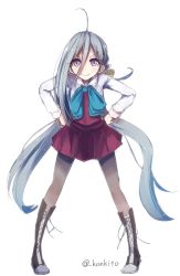 Rule 34 | 10s, 1girl, ahoge, boots, bow, bowtie, cross-laced footwear, female focus, full body, grey eyes, grey hair, grey pantyhose, hair between eyes, hair ribbon, kantai collection, kiyoshimo (kancolle), konkito, long hair, long sleeves, low twintails, pantyhose, purple eyes, ribbon, school uniform, simple background, skirt, smile, solo, twintails, twitter username, very long hair, white background