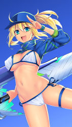 Rule 34 | 1girl, ahoge, artoria pendragon (fate), baseball cap, bikini, blonde hair, blue eyes, blue hat, blue jacket, blue sky, breasts, cleavage, cowboy shot, cropped jacket, day, duplicate, fate/grand order, fate (series), floating, hair between eyes, hair through headwear, hat, highres, jacket, lance, large breasts, legs, long hair, looking at viewer, mysterious heroine x (fate), mysterious heroine xx (fate), namonashi, navel, ocean, open mouth, pixel-perfect duplicate, polearm, ponytail, sandals, shrug (clothing), side-tie bikini bottom, sidelocks, sky, smile, solo, swimsuit, thigh strap, twinmyniad (fate), weapon, white bikini, wristband