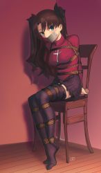 Rule 34 | 1girl, absurdres, bdsm, black hair, black skirt, black thighhighs, blue eyes, bondage, bound, chair, commission, fate/stay night, fate (series), gag, highres, improvised gag, kaddo, long hair, pleated skirt, restrained, second-party source, shibari, shibari over clothes, skirt, solo, sweater, tape, tape gag, thighhighs, tohsaka rin, zettai ryouiki