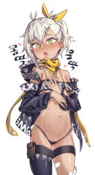 Rule 34 | 1girl, aningay, bandana, black panties, black thighhighs, blush, breasts, bright pupils, cowboy shot, dark-skinned female, dark skin, earrings, fang, girls&#039; frontline, gluteal fold, green eyes, grey hair, hand on own chest, heart, highleg, highleg panties, highres, jewelry, klin (girls&#039; frontline), open mouth, panties, ponytail, shiny skin, simple background, single sidelock, single thighhigh, small breasts, solo, strapless, string panties, sweat, thigh strap, thighhighs, tube top, underwear, white background