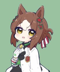 Rule 34 | 1girl, :d, animal ears, black shirt, black skirt, blush, brown hair, chibi, collared shirt, commentary, fine motion (umamusume), gloves, green background, green vest, hair between eyes, hand up, horse ears, jacket, long sleeves, looking at viewer, multicolored hair, nozo (hitomiz), open clothes, open jacket, open mouth, shirt, simple background, skirt, smile, solo, two-tone hair, umamusume, vest, white gloves, white hair, white jacket, yellow eyes