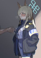 Rule 34 | 1girl, 1other, animal ears, armband, blonde hair, blue archive, blue necktie, blue skirt, blush, breasts, breath, clenched teeth, covered erect nipples, dark-skinned male, dark skin, erory6 (ro), halo, hands in pockets, highres, jacket, kanna (blue archive), lactation, lactation through clothes, large breasts, long hair, long sleeves, necktie, nipple stimulation, nipple tweak, open clothes, open jacket, sharp teeth, shirt, simple background, sketch, skirt, solo focus, teeth