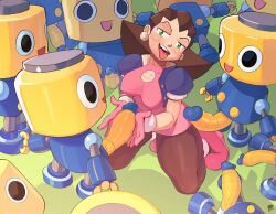 Rule 34 | 1girl, 6+boys, absurdres, blush, breasts, brown hair, capcom, clothed female nude male, erection, green eyes, highres, kneeling, leotard, medium breasts, mega man (series), mega man legends (series), multiple boys, nude, open mouth, pantyhose, peculiart, penis, robot, servbot (mega man), smile, surrounded by penises, thighs, tongue, tongue out, tron bonne (mega man)