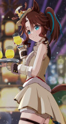 Rule 34 | 1girl, absurdres, animal ears, blue eyes, blue hair, blue nails, blurry, blurry background, blush, brown hair, brown headwear, brown shirt, brown skirt, chokin tsucho, closed mouth, commentary request, cup, depth of field, drinking glass, hair between eyes, highres, holding, holding cup, holding tray, horse ears, horse girl, horse tail, looking at viewer, looking to the side, mejiro palmer (umamusume), mejiro palmer (warm-hearted reindeer) (umamusume), multicolored hair, nail polish, parted bangs, pleated skirt, shirt, skirt, smile, solo, streaked hair, tail, tilted headwear, tray, umamusume, white hair