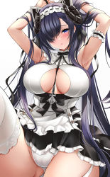 Rule 34 | 1girl, :o, armpits, arms up, august von parseval (azur lane), august von parseval (the conquered unhulde) (azur lane), azur lane, between breasts, blush, breasts, cameltoe, commentary request, feet out of frame, garter straps, hair between eyes, hair over one eye, hands in hair, highres, horns, large breasts, long hair, looking at viewer, maid, maid headdress, official alternate costume, panties, purple eyes, purple hair, revision, sitting, solo, thighhighs, underwear, very long hair, white background, white panties, white thighhighs, yukinimaru