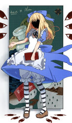 Rule 34 | 1girl, alice (black souls), apron, black ribbon, black souls, blonde hair, bloomers, blue bow, bow, brown footwear, compass rose, covered face, drink me potion, facing viewer, frilled apron, frills, full body, hair bow, long hair, neck ribbon, puffy short sleeves, puffy sleeves, ribbon, shoes, short sleeves, sidelocks, solo, spoilers, striped clothes, striped thighhighs, thighhighs, underwear, white apron, white bloomers, zi cha mo xue