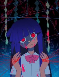 1girl blood blood_on_clothes blood_on_face blunt_bangs bow bowtie caffstrink collared_shirt commentary crying crying_with_eyes_open english_commentary furude_rika head_tilt highres higurashi_no_naku_koro_ni hime_cut long_hair looking_at_viewer parted_lips partially_shaded_face pink_bow pink_bowtie purple_hair red_eyes shirt short_sleeves sidelocks solo string string_of_fate tears white_shirt wide-eyed