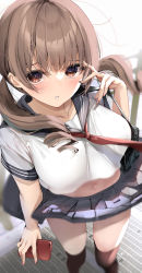 Rule 34 | 1girl, bag, banned artist, blue sailor collar, blue skirt, breasts, brown eyes, brown hair, brown thighhighs, cellphone, fay (fay axl), highres, holding, holding phone, large breasts, long hair, looking at viewer, neckerchief, original, parted lips, phone, red neckerchief, sailor collar, school bag, school uniform, serafuku, shirt, skirt, solo, standing, thighhighs, twintails, white shirt