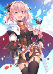 Rule 34 | 1boy, androgynous, astolfo (fate), black bow, black thighhighs, bow, braid, cape, fate/apocrypha, fate (series), garter straps, hair intakes, hair ribbon, highres, kouzuki tsubasa (musou kaidou), lens flare, male focus, multicolored hair, one eye closed, open mouth, outstretched arm, pink hair, purple eyes, ribbon, single braid, smile, solo, sparkle, streaked hair, sword, thighhighs, trap, weapon