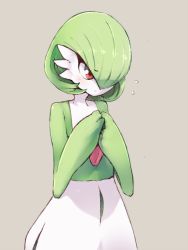 Rule 34 | 1girl, blush, bob cut, closed mouth, colored skin, creatures (company), female focus, flat chest, flying sweatdrops, game freak, gardevoir, gen 3 pokemon, green hair, green skin, grey background, hair over one eye, hands up, multicolored skin, nervous, nintendo, one eye covered, own hands together, pokemon, pokemon (creature), red eyes, ripu (lipi), short hair, shy, simple background, solo, standing, two-tone skin, upper body, white skin