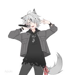 Rule 34 | 1girl, ahoge, ambience synesthesia, animal ears, apuki, arknights, artist name, black hoodie, black jacket, black nails, black pants, dog tags, fang, grey eyes, grey hair, hair over one eye, highres, holding, holding microphone, hood, hood down, hoodie, jacket, lappland (arknights), looking at viewer, microphone, nail polish, open clothes, open jacket, open mouth, pants, simple background, solo, tail, w, white background, wolf ears, wolf girl, wolf tail, wristband