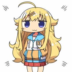 Rule 34 | 1girl, :3, ahoge, blonde hair, blue eyes, commentary, fusion, gabriel dropout, hair ornament, hairclip, hands in pockets, hinako note, kanikama, long hair, lowres, natsukawa kuina, solo, gabriel tenma white, white background