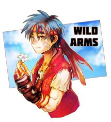 Rule 34 | 1boy, blue hair, closed mouth, commentary request, denim, gloves, headband, jacket, looking at viewer, male focus, red headband, red vest, rody roughnight, short hair, solo, vest, wild arms, wild arms 1