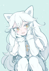 1girl absurdres animal_ears arctic_fox_(kemono_friends) blush brown_eyes gloves grey_skirt hands_on_own_cheeks hands_on_own_face highres kanmoku-san kemono_friends long_hair long_sleeves looking_at_viewer open_mouth pantyhose pleated_skirt skirt smile solo tail very_long_hair white_gloves white_hair white_pantyhose