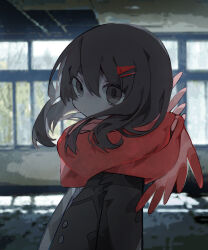 Rule 34 | 1girl, abandoned, absurdres, black eyes, black hair, black jacket, closed mouth, commentary, day, from side, hair between eyes, hair ornament, hairclip, highres, indoors, jacket, looking at viewer, medium hair, original, photo background, red scarf, scarf, solo, soresaki, upper body, window