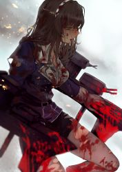 Rule 34 | absurdres, adapted turret, ashigara (kancolle), black hair, black skirt, blood, blood in hair, blood on arm, blood on clothes, blood on face, blood on hands, blood on leg, blue jacket, breasts, character request, commentary request, hagioshi, hairband, headgear, highres, jacket, kantai collection, large breasts, long hair, machinery, miniskirt, rigging, skirt