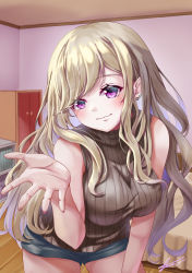 Rule 34 | 1girl, bedroom, blonde hair, blush, brown sweater vest, closed mouth, commission, eye piercing, feet out of frame, highres, leaning forward, long hair, looking at viewer, nail polish, original, pink nails, pixiv commission, purple eyes, shorts, solo, standing, sweater vest, yam (yam6056)