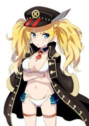 Rule 34 | &gt;:o, 10s, 1girl, :o, bad id, bad twitter id, bandage on face, bandages, bikini, black hat, blonde hair, blue eyes, blue skirt, blush, breasts, cleavage, coat, crossed arms, detached collar, eyebrows, gotyou, granblue fantasy, hat, hip focus, large breasts, leg ribbon, long hair, looking at viewer, microskirt, military hat, miniskirt, monica (granblue fantasy), navel, necktie, open mouth, peaked cap, pleated skirt, red necktie, ribbon, showgirl skirt, simple background, skirt, solo, swimsuit, thigh ribbon, thigh strap, thighs, twintails, v-shaped eyebrows, wavy hair, white background, white bikini