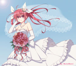 Rule 34 | 1girl, artist name, blue background, bouquet, breasts, bridal veil, cleavage, date a live, diadem, dress, earrings, elbow gloves, floating hair, flower, gloves, hair between eyes, hair flower, hair ornament, hair ribbon, hand in own hair, holding, holding bouquet, itsuka kotori, jewelry, layered dress, long hair, looking at viewer, necklace, qingchen (694757286), red eyes, red flower, red hair, red ribbon, ribbon, sideboob, simple background, sleeveless, sleeveless dress, small breasts, smile, solo, strapless, strapless dress, twintails, veil, wedding dress, white dress, white gloves, white ribbon, yellow flower