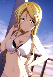 Rule 34 | 1girl, alternate hairstyle, artist name, artist request, ayase eli, bare shoulders, bikini, blonde hair, blue eyes, blue sky, blush, breasts, cleavage, cloud, collarbone, female focus, flower, front-tie bikini top, front-tie top, hair between eyes, hair flower, hair ornament, hand on own hip, highres, long hair, looking at viewer, love live!, love live! school idol project, night, outdoors, parted lips, playing with own hair, short hair, sky, smile, solo, star (sky), swimsuit, upper body, white bikini, white flower