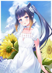 Rule 34 | 1girl, animal ears, black hair, blue eyes, blue sky, brown hair, cloud, commentary request, day, dress, fang, flower, gradient hair, highres, hololive, hololive english, long hair, looking at viewer, multicolored hair, ninomae ina&#039;nis, parted lips, shiao, short sleeves, sky, solo, sunflower, twintails, very long hair, virtual youtuber, white dress, yellow flower