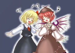 Rule 34 | 2girls, animal ears, blonde hair, blush, bococho, closed eyes, female focus, fingernails, green nails, hair ribbon, hat, long fingernails, multiple girls, music, musical note, mystia lorelei, nail polish, necktie, outstretched arms, quaver, red hair, ribbon, rumia, short hair, simple background, singing, smile, spread arms, touhou, wings