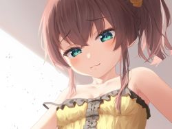 Rule 34 | 1girl, aqua eyes, armpits, bare shoulders, blush, breasts, brown hair, camisole, collarbone, frilled camisole, frills, hair between eyes, highres, hololive, looking at viewer, medium hair, natsuiro matsuri, natsuiro matsuri (matsuri&#039;s day off), off shoulder, scrunchie, side ponytail, small breasts, solo, spaghetti strap, starkamisan, sunlight, upper body, virtual youtuber, yellow scrunchie