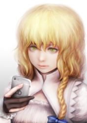 Rule 34 | 1girl, black gloves, blonde hair, braid, cellphone, commentary request, cookie (touhou), gloves, green eyes, hair between eyes, holding, holding phone, khn (kihana), kirisame marisa, long hair, long sleeves, looking at viewer, mars (cookie), parted lips, partially fingerless gloves, phone, shirt, side braid, single braid, smartphone, solo, touhou, upper body, white background, white shirt