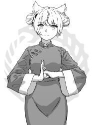 Rule 34 | 1girl, animal ear fluff, animal ears, braid, chin bell, china dress, chinese clothes, closed mouth, commentary, double bun, dress, greyscale, hair bun, highres, long sleeves, looking at viewer, mio (xenoblade), monochrome, palm-fist greeting, smile, solo, upper body, white background, wide sleeves, xenoblade chronicles (series), xenoblade chronicles 3