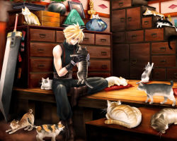 Rule 34 | 1990s (style), 1boy, blonde hair, cat, cloud strife, final fantasy, final fantasy vii, gloves, guernica, huge weapon, sitting, sword, too many, too many cats, weapon