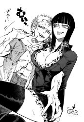 Rule 34 | 1boy, 1girl, bad id, bad twitter id, blunt bangs, blush, boots, breasts, cleavage, commentary, crossed legs, dress, eyelashes, greyscale, haramaki, heart, highres, hug, looking at another, looking to the side, medium hair, monochrome, muscular, muscular male, nico robin, on lap, one piece, roronoa zoro, scar, scar on chest, shirt, short hair, simple background, sitting, sitting on lap, sitting on person, smile, sweatdrop, thigh boots, tongue, tongue out, v-shaped eyebrows, veins, wl6yugi8go1