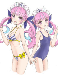 Rule 34 | 2girls, :d, absurdres, aged down, ahoge, bare arms, bare shoulders, bikini, blue hair, blue nails, blue one-piece swimsuit, blue ribbon, braid, breasts, cleavage, commentary request, flipper, groin, hair ribbon, halterneck, highres, hololive, long hair, looking at viewer, maid headdress, medium breasts, minato aqua, minato aqua (hololive summer 2019), multicolored hair, multiple girls, nail polish, navel, one-piece swimsuit, open mouth, pink hair, purple eyes, ribbon, school swimsuit, side-tie bikini bottom, small breasts, smile, streaked hair, striped bikini, striped clothes, swimsuit, twintails, two-tone hair, very long hair, virtual youtuber, wading, white background