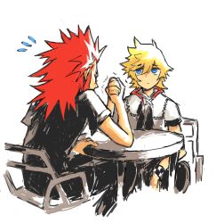 Rule 34 | 2boys, absurdres, arm wrestling, axel (kingdom hearts), black jacket, black pants, blonde hair, blue eyes, closed eyes, commentary, elbow rest, english commentary, facing away, flying sweatdrops, furrowed brow, hand on table, high collar, highres, jacket, kingdom hearts, kingdom hearts iii, long hair, looking at another, male focus, multiple boys, on chair, pants, red hair, roxas, short hair, short sleeves, sitting, snoozaga, spiked hair, table, upper body, white background, white jacket, wristband