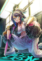 Rule 34 | 1girl, baggy pants, banchou, belt buckle, biker clothes, black gloves, black hair, black jacket, blue eyes, blue hair, boots, breasts, brick wall, buckle, chest sarashi, choker, cleavage, commentary, cross-laced footwear, delinquent, english commentary, glasses, gloves, highres, indie virtual youtuber, jacket, kson, lace-up boots, large breasts, light, multicolored clothes, multicolored hair, multicolored jacket, nisui noki, pants, sarashi, sheath, sheathed, shop, simple background, single glove, souchou, squatting, striped, sukeban, sword, two-tone hair, two-tone jacket, virtual youtuber, weapon, white footwear, white jacket, white pants